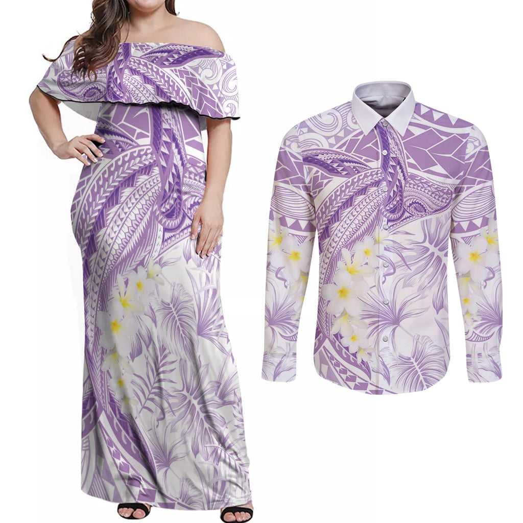 Polynesia Humpback Whale Couples Matching Off Shoulder Maxi Dress and Long Sleeve Button Shirt Tropical Plumeria Lavender LT7 Lavender - Polynesian Pride
