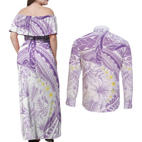 Polynesia Humpback Whale Couples Matching Off Shoulder Maxi Dress and Long Sleeve Button Shirt Tropical Plumeria Lavender LT7 - Polynesian Pride