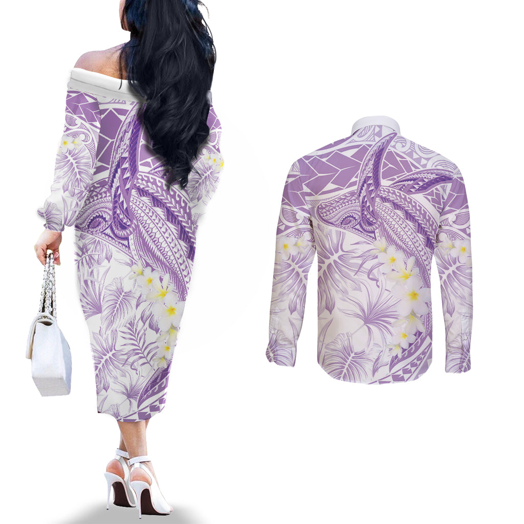 Polynesia Humpback Whale Couples Matching Off The Shoulder Long Sleeve Dress and Long Sleeve Button Shirt Tropical Plumeria Lavender LT7 - Polynesian Pride