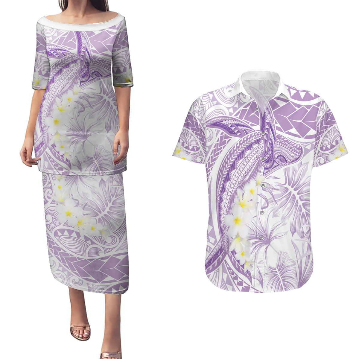 Polynesia Humpback Whale Couples Matching Puletasi and Hawaiian Shirt Tropical Plumeria Lavender