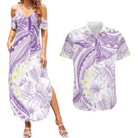 Polynesia Humpback Whale Couples Matching Summer Maxi Dress and Hawaiian Shirt Tropical Plumeria Lavender