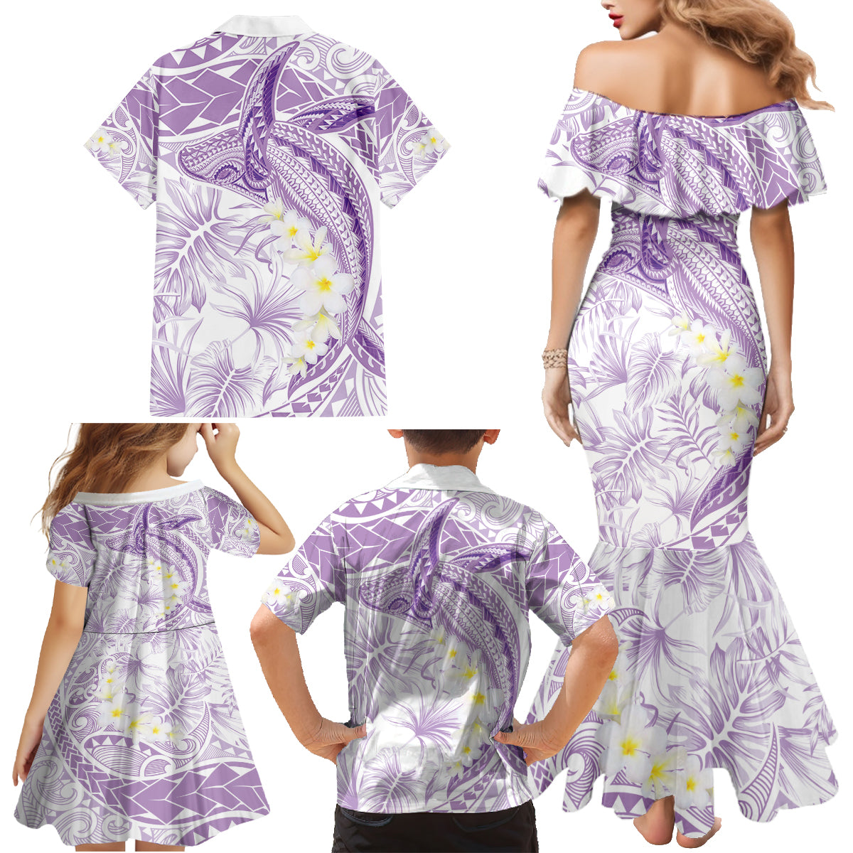 Polynesia Humpback Whale Family Matching Mermaid Dress and Hawaiian Shirt Tropical Plumeria Lavender
