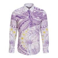 Polynesia Humpback Whale Long Sleeve Button Shirt Tropical Plumeria Lavender