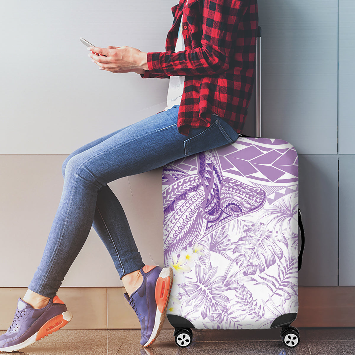 Polynesia Humpback Whale Luggage Cover Tropical Plumeria Lavender