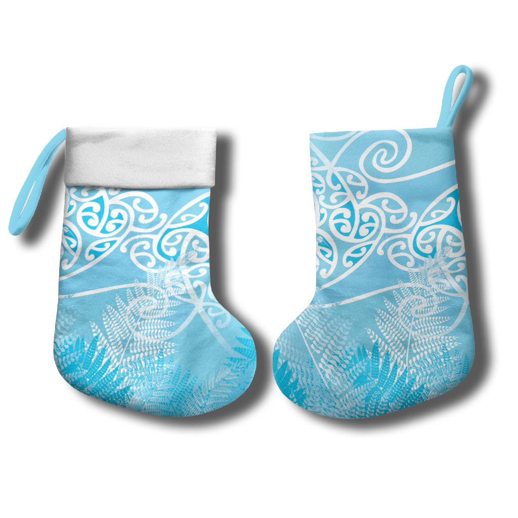 Aotearoa Maori Koru Curves Christmas Stocking Silver Ferns - Turquoise LT7 - Polynesian Pride