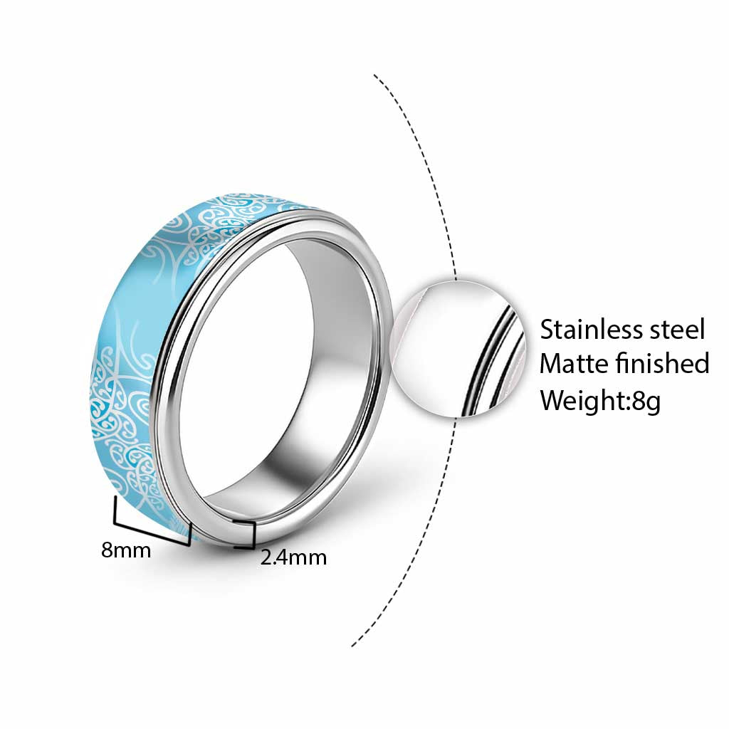 Aotearoa Maori Koru Curves Classic Ring Silver Ferns - Turquoise LT7 - Polynesian Pride