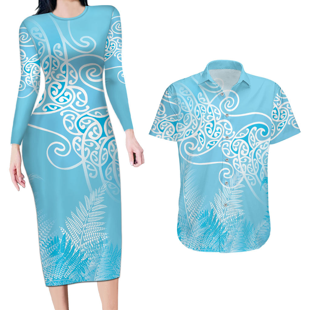 Aotearoa Maori Koru Curves Couples Matching Long Sleeve Bodycon Dress and Hawaiian Shirt Silver Ferns - Turquoise LT7 Turquoise - Polynesian Pride