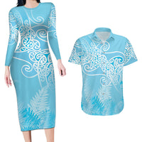 Aotearoa Maori Koru Curves Couples Matching Long Sleeve Bodycon Dress and Hawaiian Shirt Silver Ferns - Turquoise LT7 Turquoise - Polynesian Pride