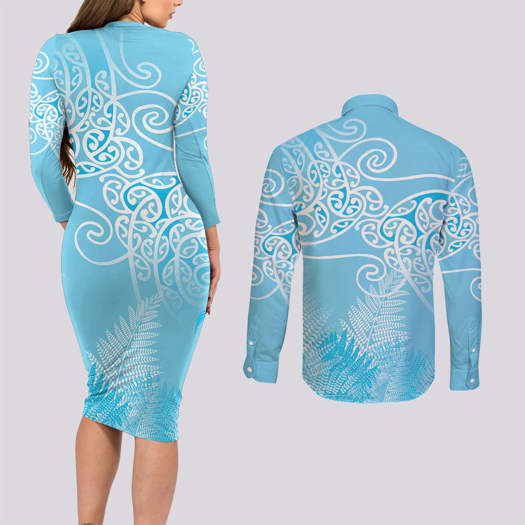 Aotearoa Maori Koru Curves Couples Matching Long Sleeve Bodycon Dress and Long Sleeve Button Shirt Silver Ferns - Turquoise LT7 - Polynesian Pride