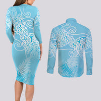 Aotearoa Maori Koru Curves Couples Matching Long Sleeve Bodycon Dress and Long Sleeve Button Shirt Silver Ferns - Turquoise LT7 - Polynesian Pride