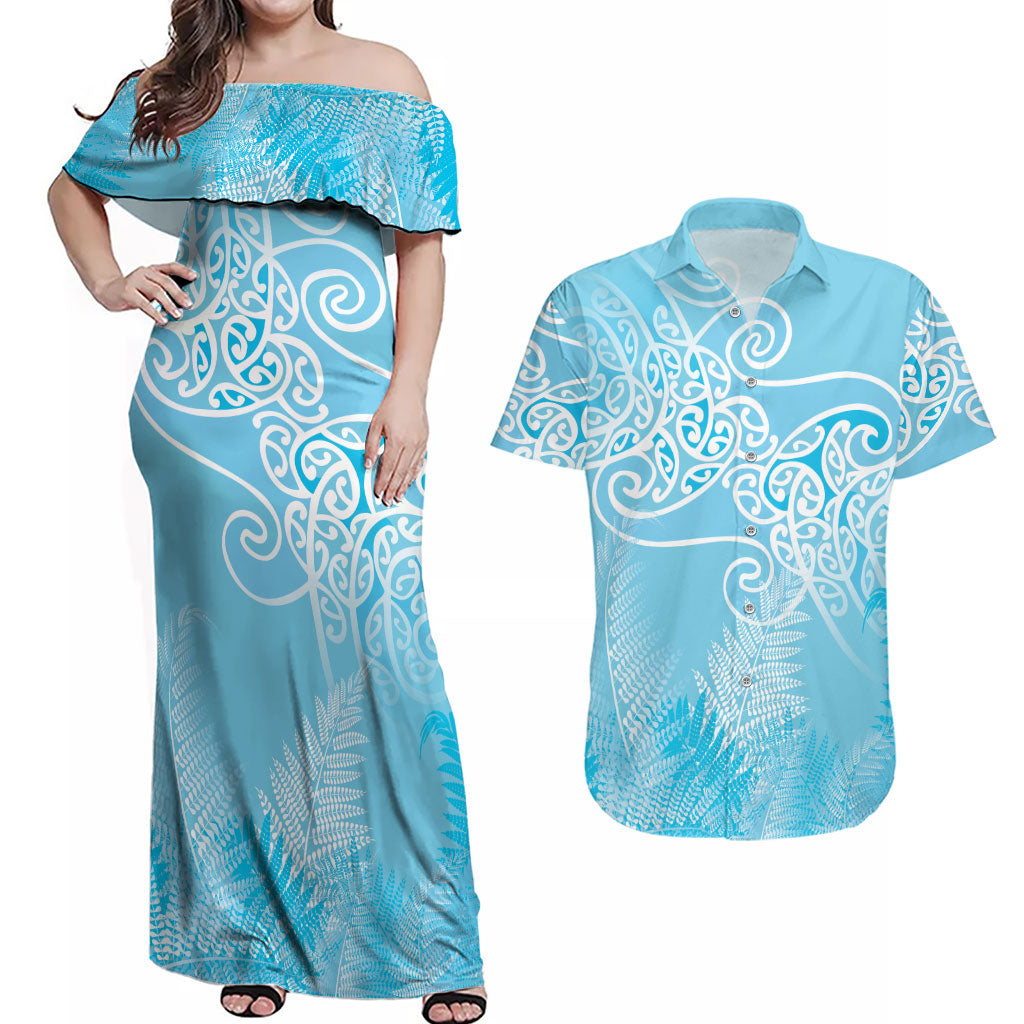 Aotearoa Maori Koru Curves Couples Matching Off Shoulder Maxi Dress and Hawaiian Shirt Silver Ferns - Turquoise LT7 Turquoise - Polynesian Pride