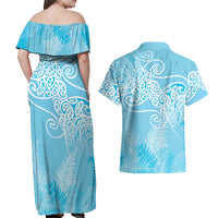 Aotearoa Maori Koru Curves Couples Matching Off Shoulder Maxi Dress and Hawaiian Shirt Silver Ferns - Turquoise LT7 - Polynesian Pride
