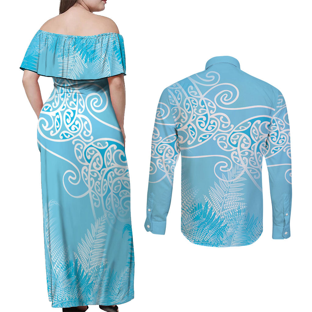 Aotearoa Maori Koru Curves Couples Matching Off Shoulder Maxi Dress and Long Sleeve Button Shirt Silver Ferns - Turquoise LT7 - Polynesian Pride