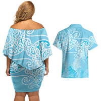 Aotearoa Maori Koru Curves Couples Matching Off Shoulder Short Dress and Hawaiian Shirt Silver Ferns - Turquoise LT7 - Polynesian Pride