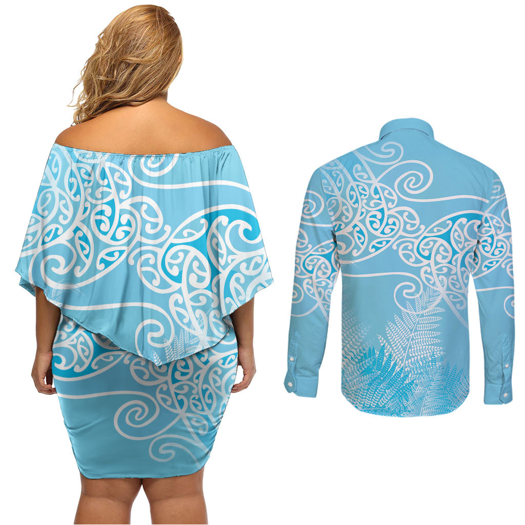 Aotearoa Maori Koru Curves Couples Matching Off Shoulder Short Dress and Long Sleeve Button Shirt Silver Ferns - Turquoise LT7 - Polynesian Pride