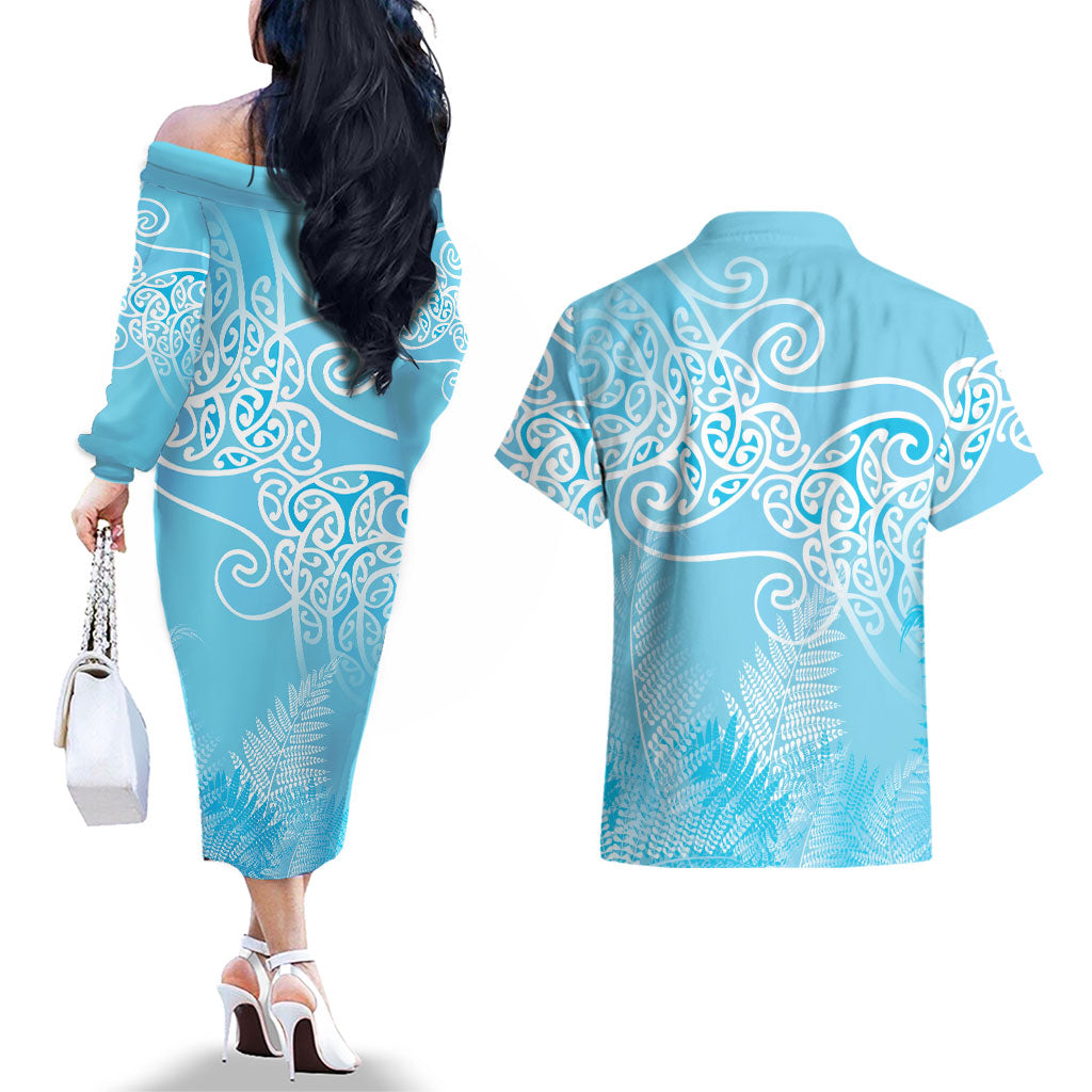Aotearoa Maori Koru Curves Couples Matching Off The Shoulder Long Sleeve Dress and Hawaiian Shirt Silver Ferns - Turquoise LT7 - Polynesian Pride