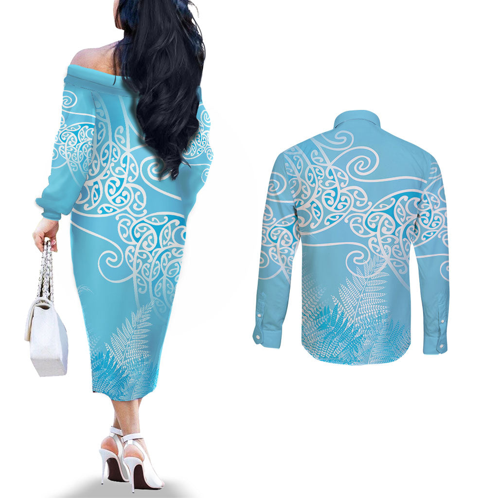 Aotearoa Maori Koru Curves Couples Matching Off The Shoulder Long Sleeve Dress and Long Sleeve Button Shirt Silver Ferns - Turquoise LT7 - Polynesian Pride