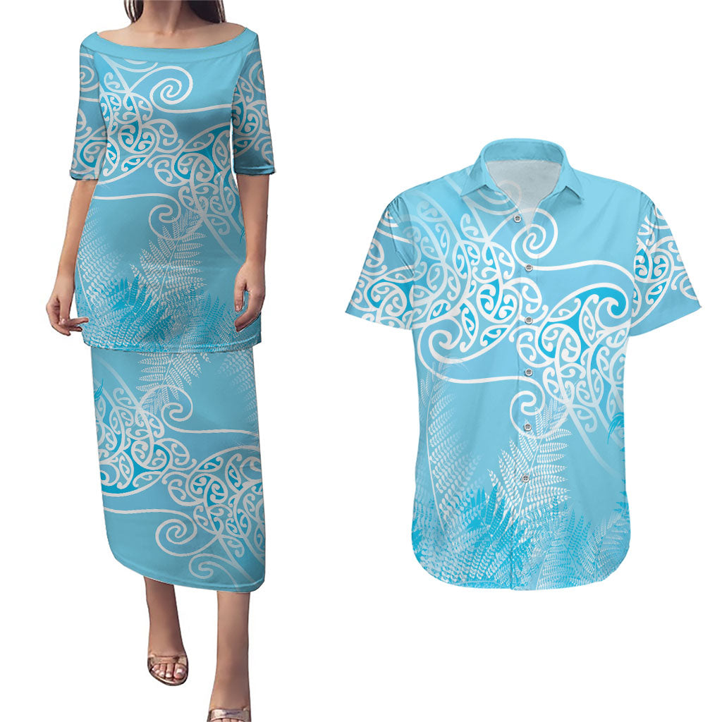 Aotearoa Maori Koru Curves Couples Matching Puletasi and Hawaiian Shirt Silver Ferns - Turquoise LT7 Turquoise - Polynesian Pride