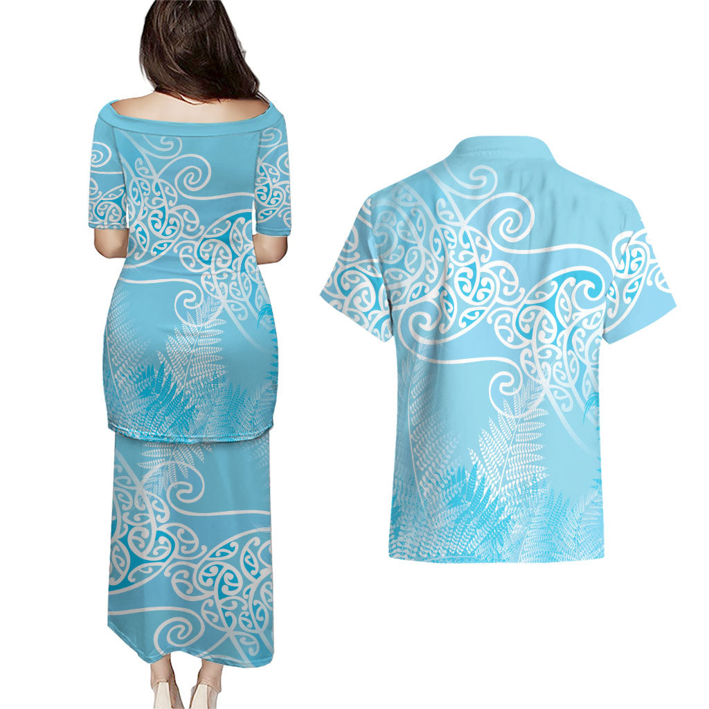 Aotearoa Maori Koru Curves Couples Matching Puletasi and Hawaiian Shirt Silver Ferns - Turquoise LT7 - Polynesian Pride