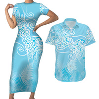 Aotearoa Maori Koru Curves Couples Matching Short Sleeve Bodycon Dress and Hawaiian Shirt Silver Ferns - Turquoise LT7 Turquoise - Polynesian Pride