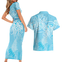 Aotearoa Maori Koru Curves Couples Matching Short Sleeve Bodycon Dress and Hawaiian Shirt Silver Ferns - Turquoise LT7 - Polynesian Pride