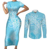 Aotearoa Maori Koru Curves Couples Matching Short Sleeve Bodycon Dress and Long Sleeve Button Shirt Silver Ferns - Turquoise LT7 Turquoise - Polynesian Pride
