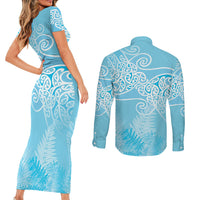 Aotearoa Maori Koru Curves Couples Matching Short Sleeve Bodycon Dress and Long Sleeve Button Shirt Silver Ferns - Turquoise LT7 - Polynesian Pride