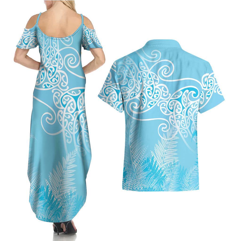 Aotearoa Maori Koru Curves Couples Matching Summer Maxi Dress and Hawaiian Shirt Silver Ferns - Turquoise LT7 - Polynesian Pride