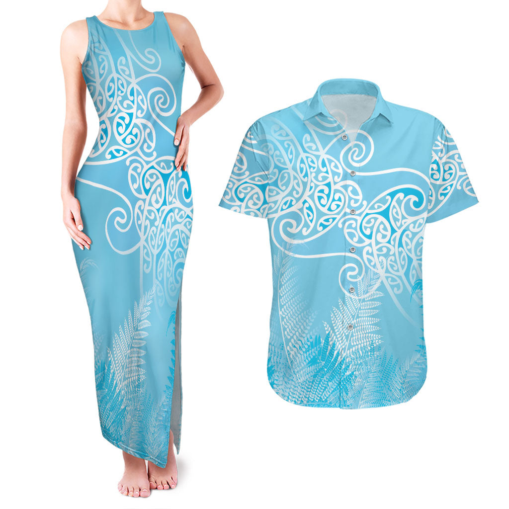Aotearoa Maori Koru Curves Couples Matching Tank Maxi Dress and Hawaiian Shirt Silver Ferns - Turquoise