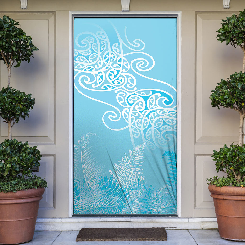 Aotearoa Maori Koru Curves Door Cover Silver Ferns - Turquoise
