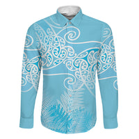 Aotearoa Maori Koru Curves Family Matching Mermaid Dress and Hawaiian Shirt Silver Ferns - Turquoise LT7 Dad's Shirt - Long Sleeve Turquoise - Polynesian Pride
