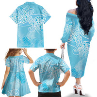 Aotearoa Maori Koru Curves Family Matching Off The Shoulder Long Sleeve Dress and Hawaiian Shirt Silver Ferns - Turquoise LT7 - Polynesian Pride