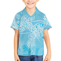 Aotearoa Maori Koru Curves Family Matching Off The Shoulder Long Sleeve Dress and Hawaiian Shirt Silver Ferns - Turquoise LT7 Son's Shirt Turquoise - Polynesian Pride