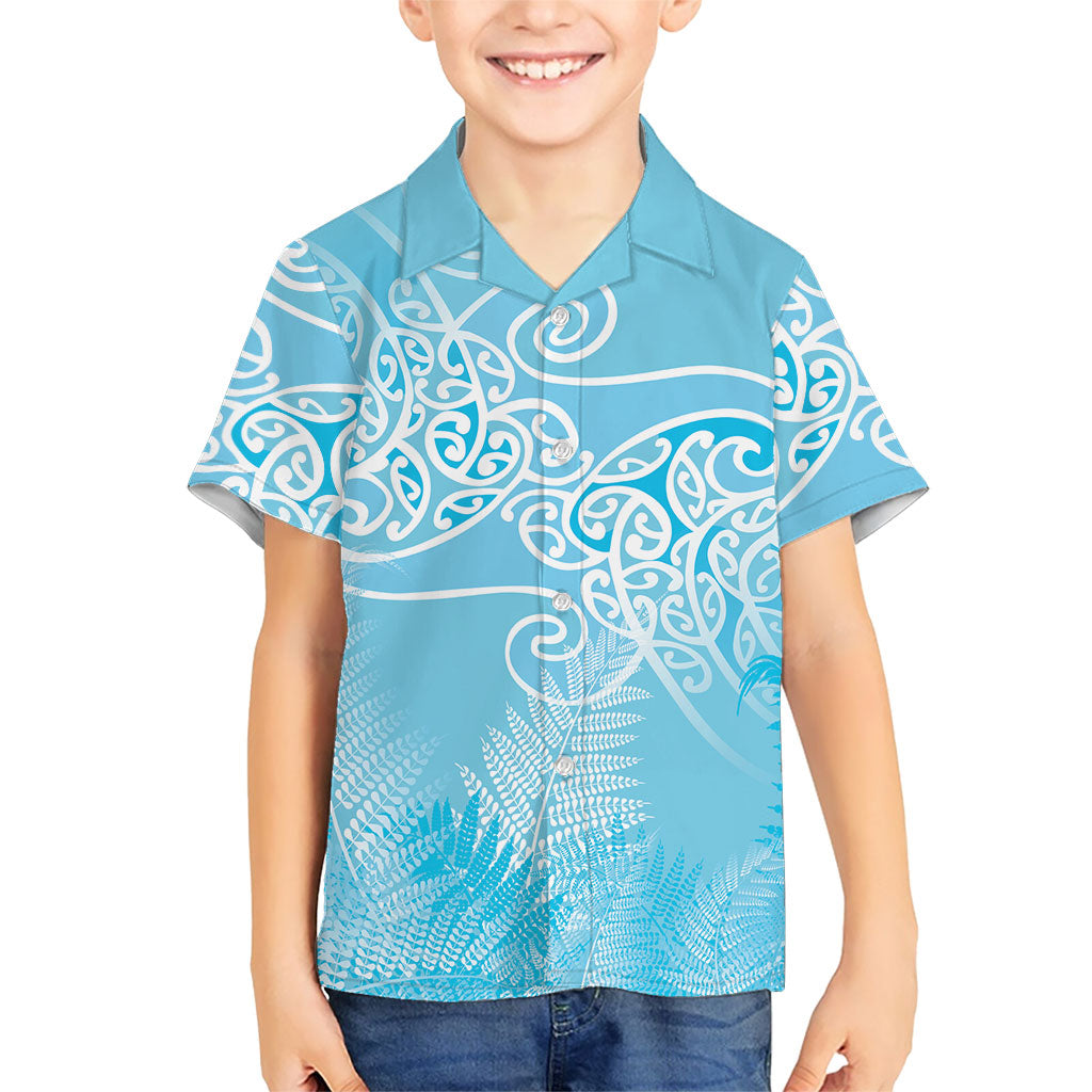 Aotearoa Maori Koru Curves Family Matching Off Shoulder Short Dress and Hawaiian Shirt Silver Ferns - Turquoise LT7 Son's Shirt Turquoise - Polynesian Pride