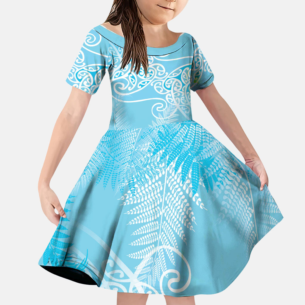 Aotearoa Maori Koru Curves Family Matching Puletasi and Hawaiian Shirt Silver Ferns - Turquoise LT7 Daughter's Dress Turquoise - Polynesian Pride