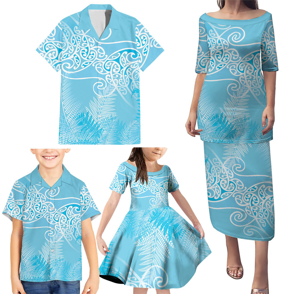 Aotearoa Maori Koru Curves Family Matching Puletasi and Hawaiian Shirt Silver Ferns - Turquoise LT7 - Polynesian Pride