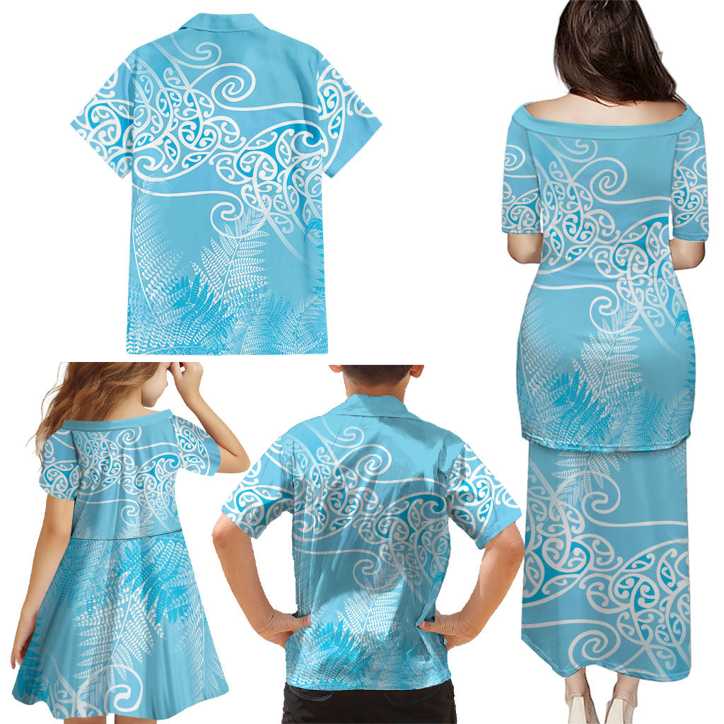 Aotearoa Maori Koru Curves Family Matching Puletasi and Hawaiian Shirt Silver Ferns - Turquoise LT7 - Polynesian Pride