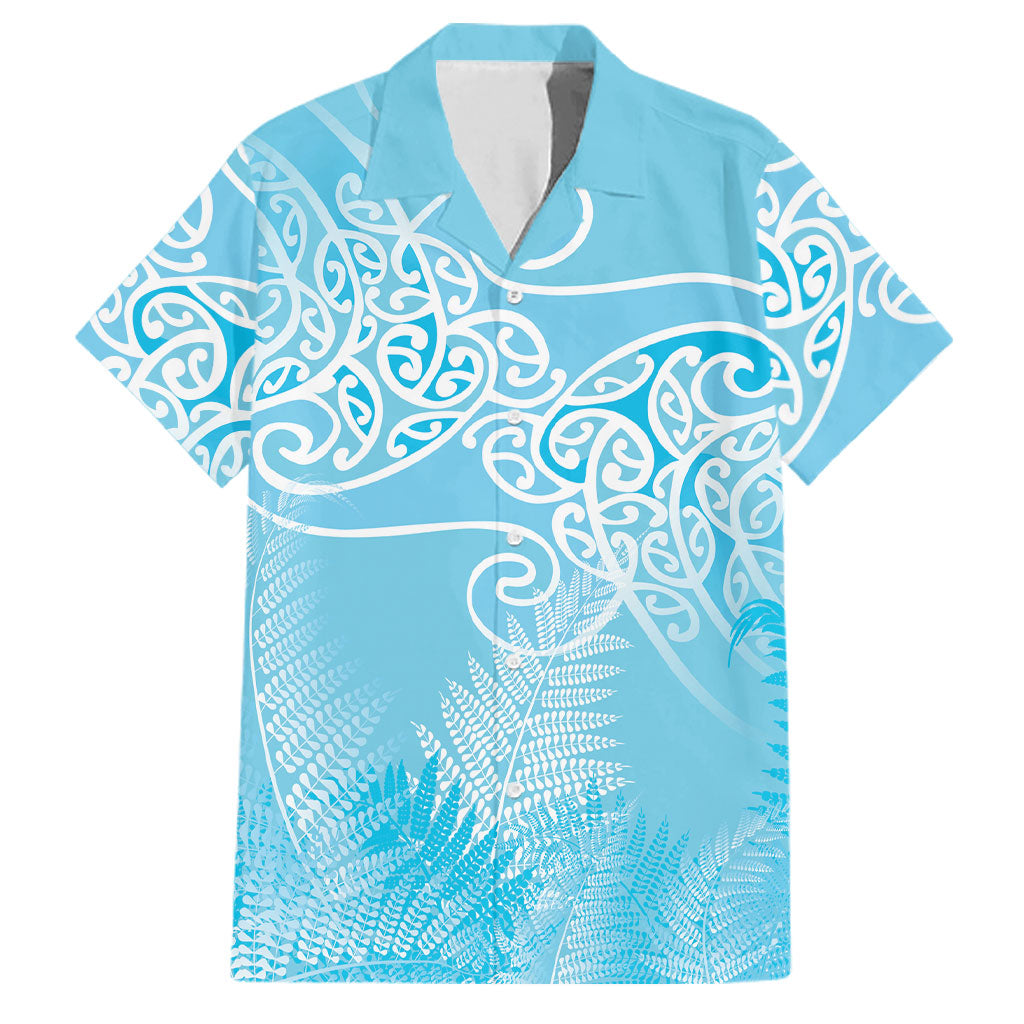 Aotearoa Maori Koru Curves Family Matching Puletasi and Hawaiian Shirt Silver Ferns - Turquoise LT7 Dad's Shirt - Short Sleeve Turquoise - Polynesian Pride