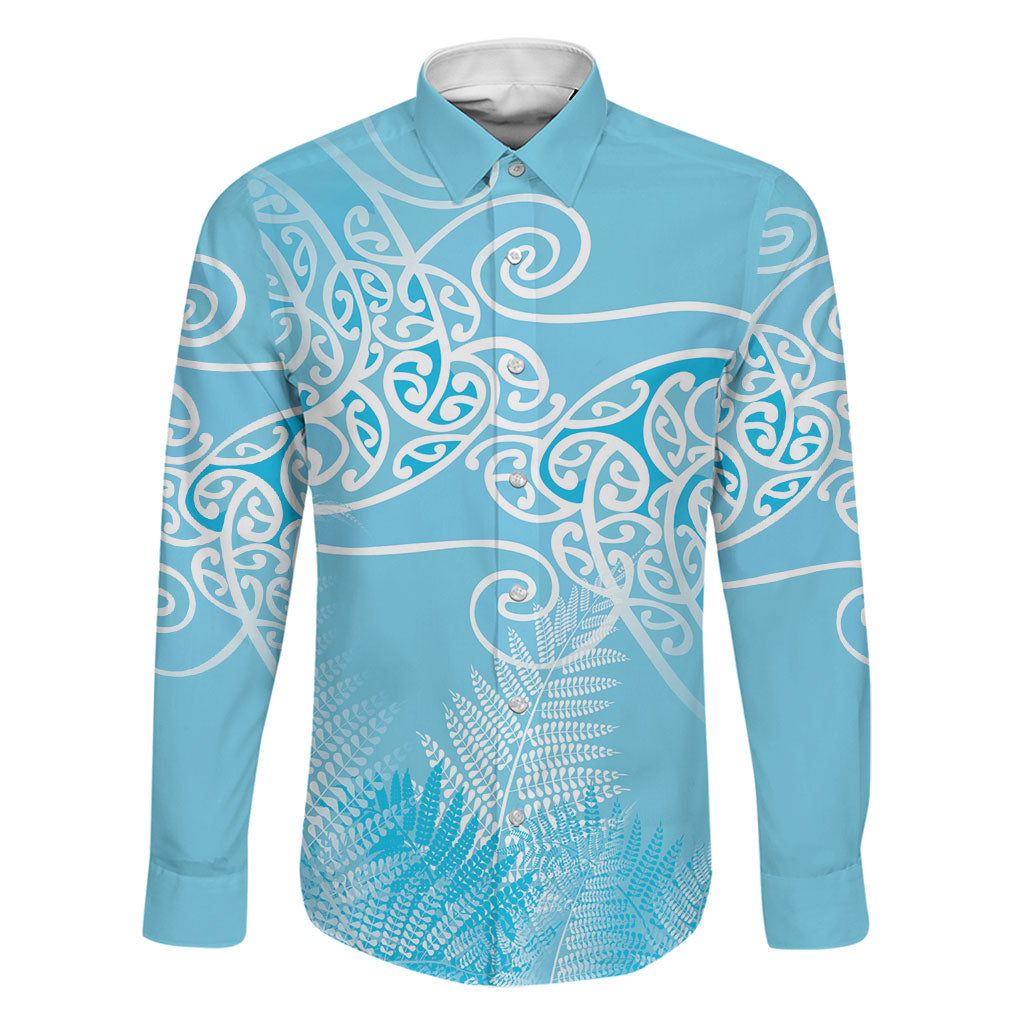 Aotearoa Maori Koru Curves Family Matching Puletasi and Hawaiian Shirt Silver Ferns - Turquoise LT7 Dad's Shirt - Long Sleeve Turquoise - Polynesian Pride