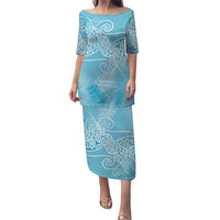 Aotearoa Maori Koru Curves Family Matching Puletasi and Hawaiian Shirt Silver Ferns - Turquoise LT7 Mom's Dress Turquoise - Polynesian Pride