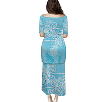 Aotearoa Maori Koru Curves Family Matching Puletasi and Hawaiian Shirt Silver Ferns - Turquoise LT7 - Polynesian Pride