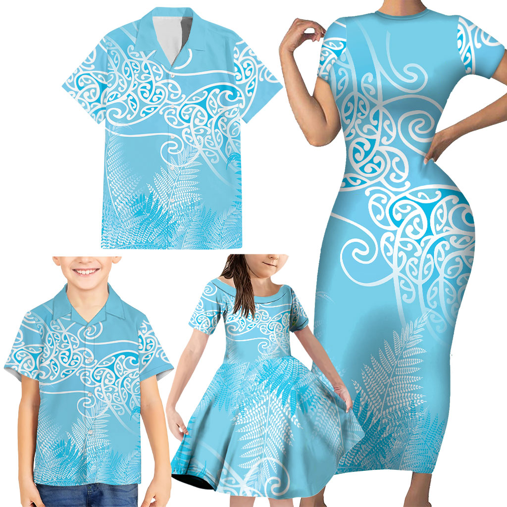 Aotearoa Maori Koru Curves Family Matching Short Sleeve Bodycon Dress and Hawaiian Shirt Silver Ferns - Turquoise