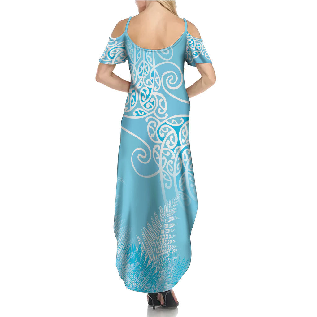 Aotearoa Maori Koru Curves Family Matching Summer Maxi Dress and Hawaiian Shirt Silver Ferns - Turquoise LT7 - Polynesian Pride