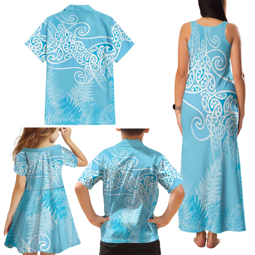 Aotearoa Maori Koru Curves Family Matching Tank Maxi Dress and Hawaiian Shirt Silver Ferns - Turquoise LT7 - Polynesian Pride