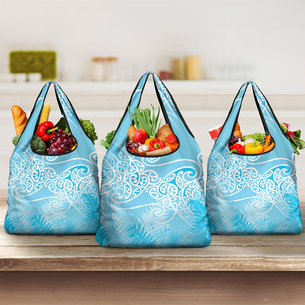 Aotearoa Maori Koru Curves Grocery Bag Silver Ferns - Turquoise LT7 3-pack One Size Turquoise - Polynesian Pride