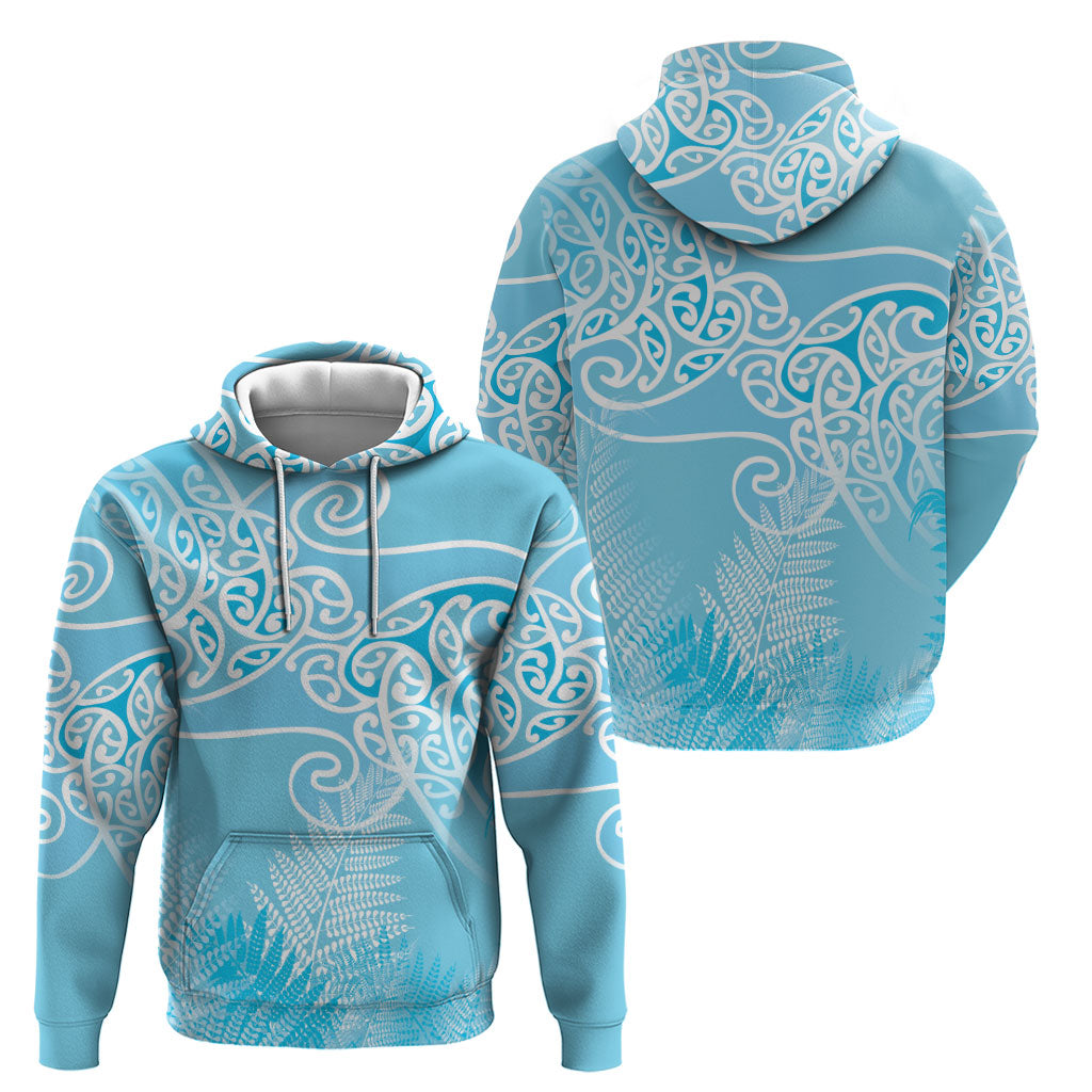 Aotearoa Maori Koru Curves Hoodie Silver Ferns - Turquoise