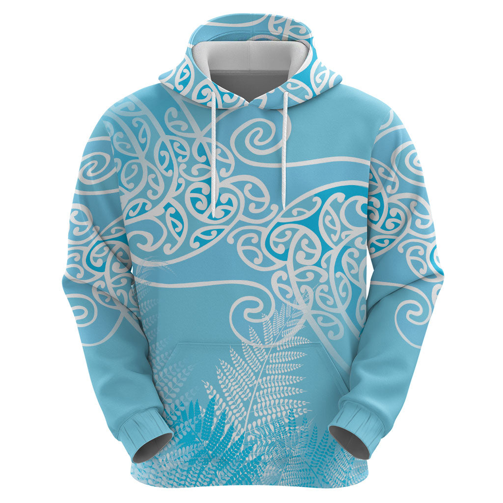 Aotearoa Maori Koru Curves Hoodie Silver Ferns - Turquoise