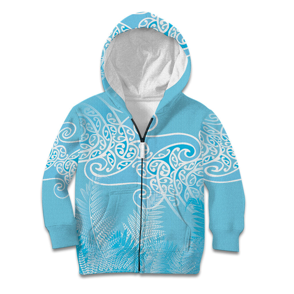 Aotearoa Maori Koru Curves Kid Hoodie Silver Ferns - Turquoise LT7 Zip Hoodie Turquoise - Polynesian Pride