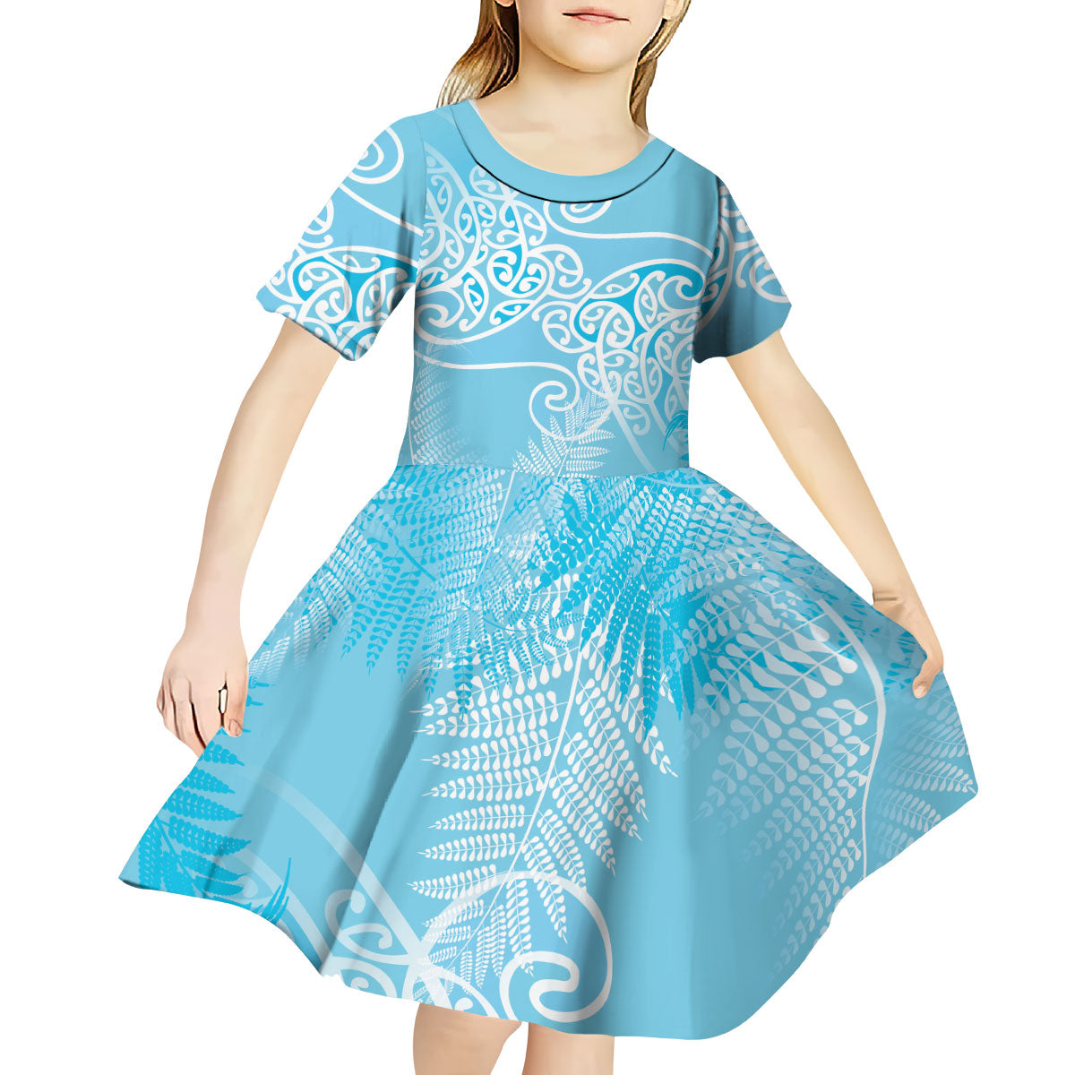 Aotearoa Maori Koru Curves Kid Short Sleeve Dress Silver Ferns - Turquoise