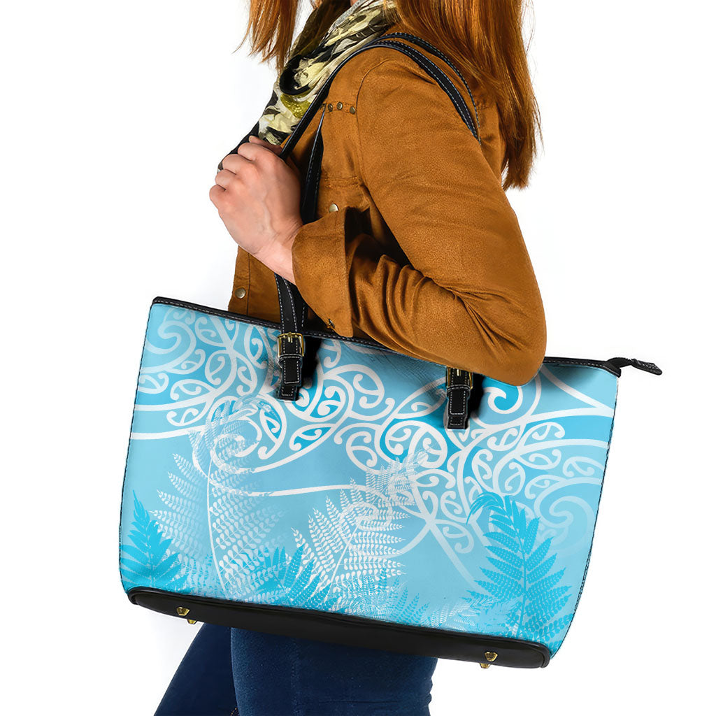 Aotearoa Maori Koru Curves Leather Tote Bag Silver Ferns - Turquoise